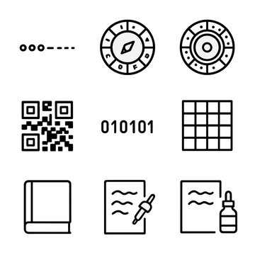 Secret Code Icons. Outline icon set of secret codes: Morse dots, Caesar wheel, cipher disk, Enigma rotor, QR cipher, binary string