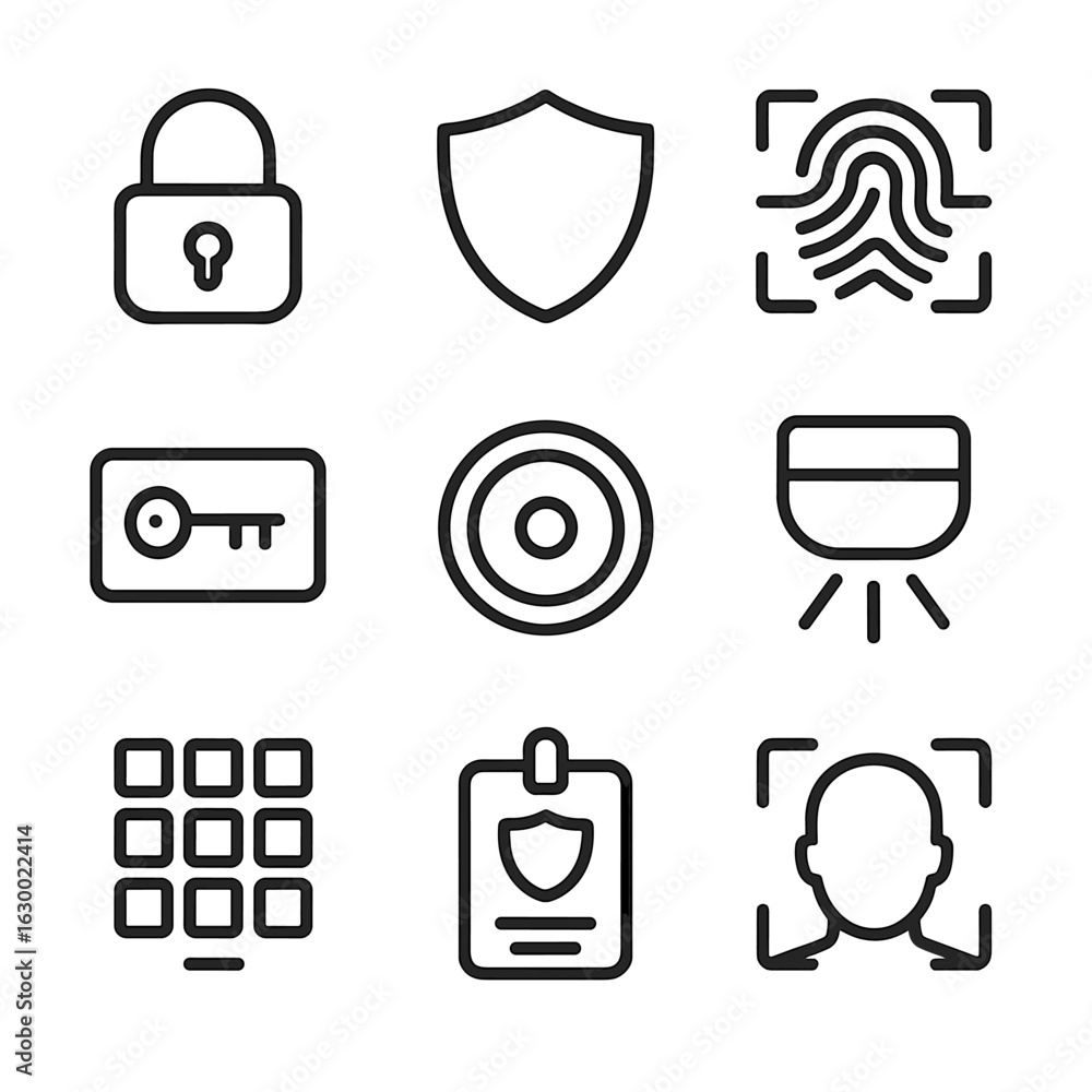 Poster security icons grid. outline icon set of alarm security: padlock, shield, fingerprint scanner, keyca