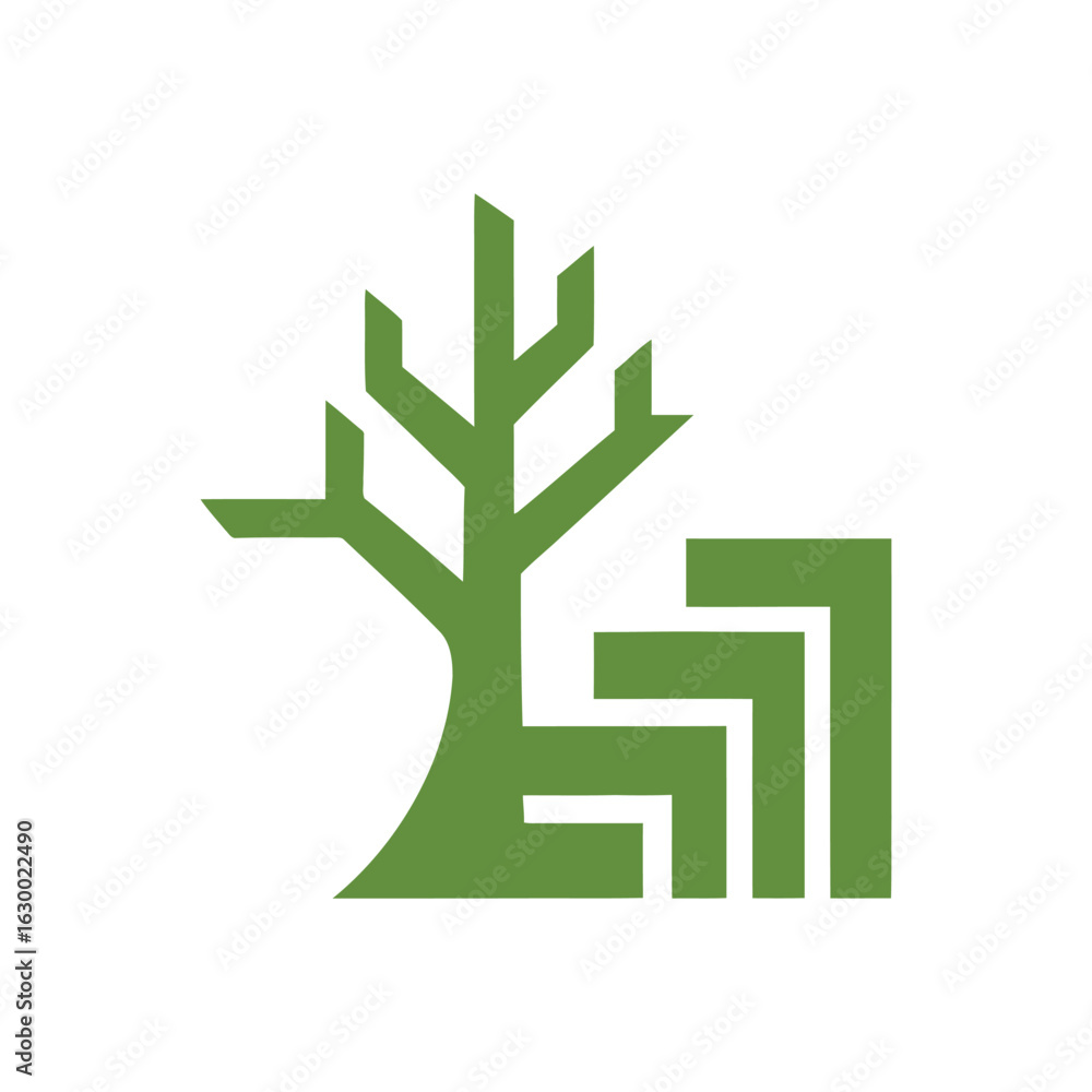 Poster abstract green tree icon with a thick trunk forming a geometric square spiral shape.