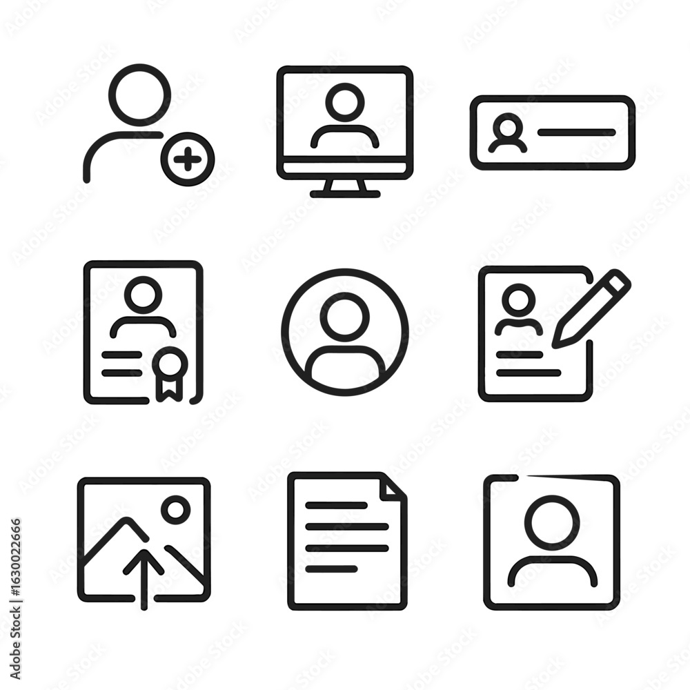 Poster identity icon set. outline icon set of identity creation: user add, profile setup, username field, b