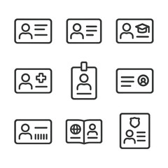 Identity Document Icons. Outline icon set of identity documents: driver’s license, national ID, student card, medical card, work