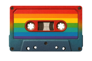 Obraz premium Retro multicolored audio cassette hanging against transparent backdrop, symbolizing musical memories and cultural inclusivity
