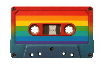 Retro multicolored audio cassette hanging against transparent backdrop, symbolizing musical memories and cultural inclusivity