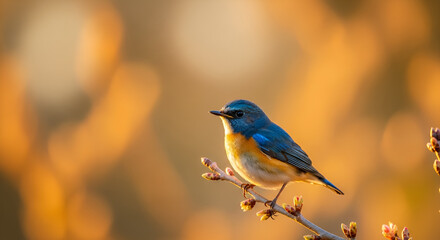 Vibrant Bluethroat Bird Perched On Branch At Golden Hour Sunrise
