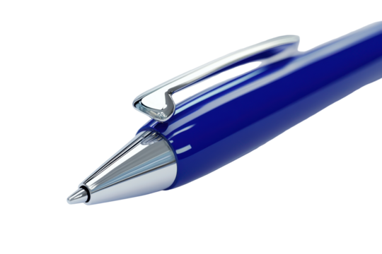 Close up of a blue mechanical pencil tip isolated on transparent background. Blue ballpoint pen with a shiny silver clip this pen has a smooth Isolated on white background.