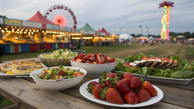 Typical June dishes on a wooden table with a lit up festival in the background