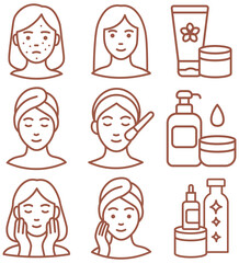 Minimal flat outline icons set about skincare: acne, cleansing, facial, cosmetics, beauty routine, dermatology. Perfect for spa, esthetician, self-care, skin treatment content.