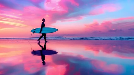 A vivid, colorful sunset over a beach scene with a surfer silhouette. The sky is painted with hues of pink, purple, blue, and orange, reflecting on the wet sand below. - Powered by Adobe