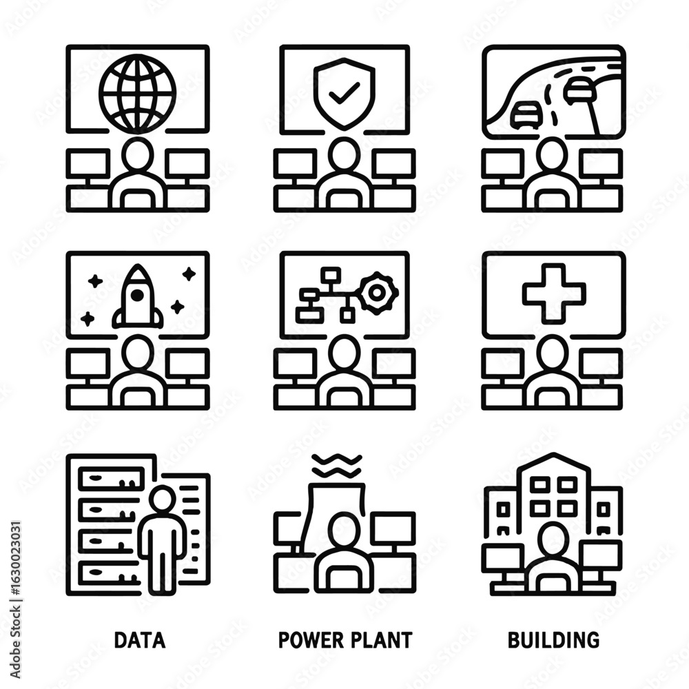 Poster control center icons. outline icon set of control center types: network control center, security con