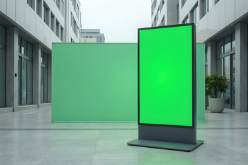 Blank Green Screen Kiosk in Urban Plaza Setting Ready for Custom Content