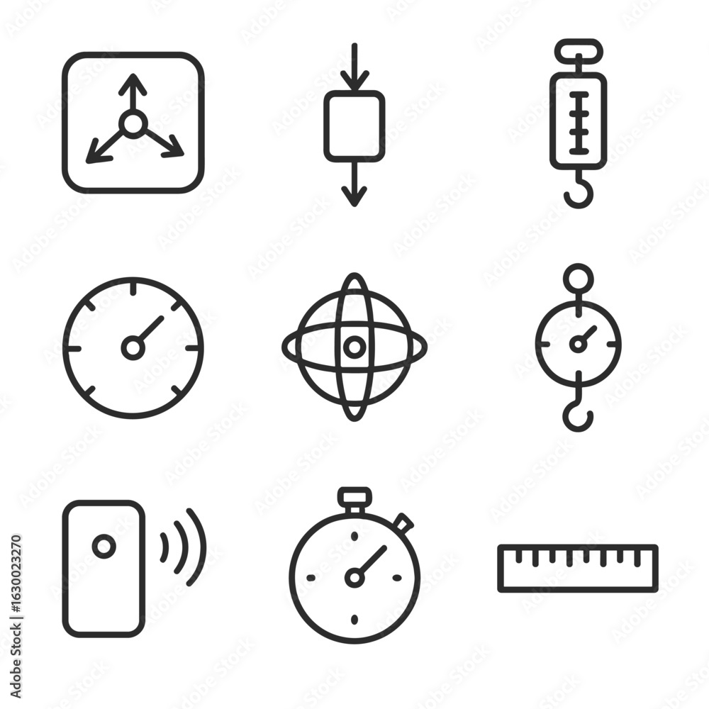 Poster inertia tools icons. outline icon set of inertia measurement tools: accelerometer, force sensor, spr