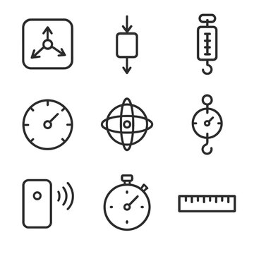 Inertia Tools Icons. Outline icon set of inertia measurement tools: accelerometer, force sensor, spring scale, speedometer,