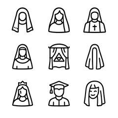 Ceremonial Veil Icons. Outline icon set of ceremonial veils: funeral veil, mourning veil, priest’s veil, religious veil, symbolic