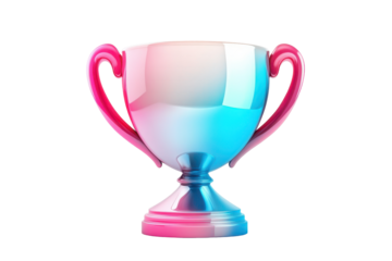 Pink and blue gradient trophy cup isolated on transparent background. Trophy icon with a blend of vibrant blue and pink hues Isolated on white background, 3d rendering.