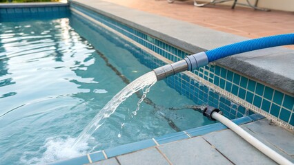 close up water pipe filling swimming pool highlighting pool maintenance