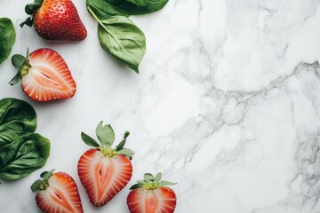 Fresh strawberries and spinach on marble surface