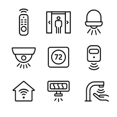 Infrared Device Icons. Outline icon set of infrared in daily life: TV remote, automatic door sensor, night light, security system,