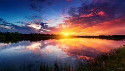 Fototapeta premium tranquil sunset over still water with colorful sky reflections