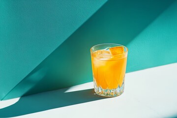 Vibrant orange cocktail on teal background with citrus garnish