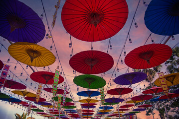 Colorful handmade umbrella decoration festival allows tourists to visit Bo Sang umbrellas and San...