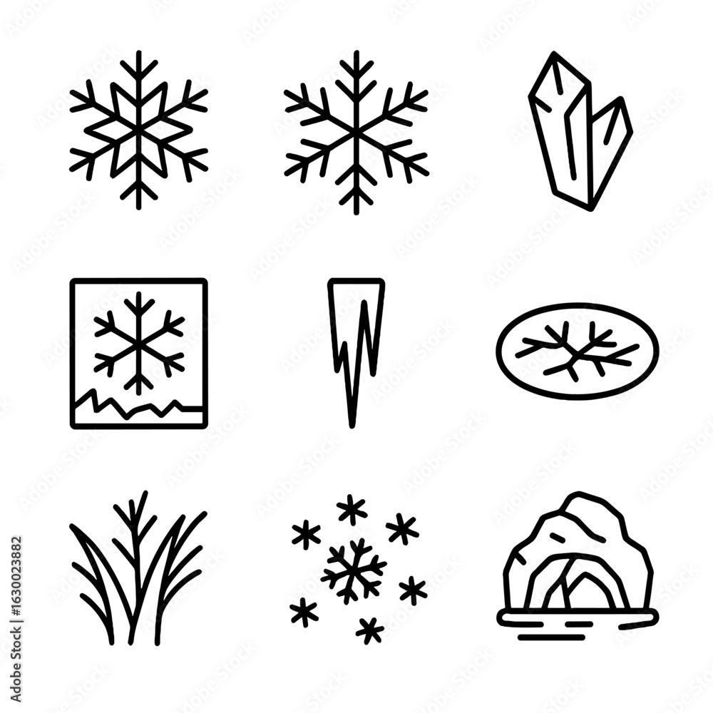 Poster snowflake icon set. outline icon set of snow crystals and ice formations: snowflake patterns, ice sh