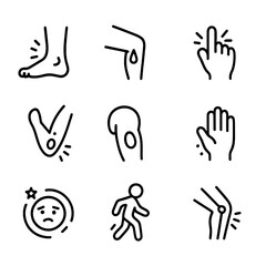 Obraz premium Injury Symptoms Icons. Outline icon set of injury symptoms: swelling, bleeding, pain, redness, bruising, numbness, dizziness,
