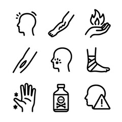 Obraz premium Injury Type Icons. Outline icon set of injury types: concussion, fracture, burn, cut, bruise, sprain, frostbite, poisoning, shock.