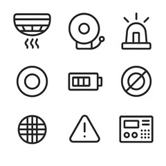 Smoke Detection Icons. Outline icon set of smoke detection: smoke detector, alarm bell, warning light, test button, battery