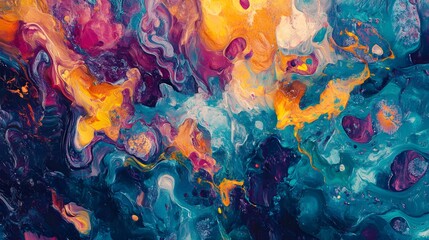 Abstract painting showcases swirling, blended hues of teal, orange, and deep purple.