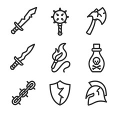 Chaos Weapon Icons. Outline icon set of chaos weapons: jagged sword, spiked mace, broken axe, cursed dagger, flaming whip, poison