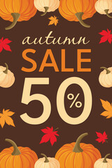 Autumn Sale Flyer with Pumpkins and Autumn Leaves Flat Vector Illustration.