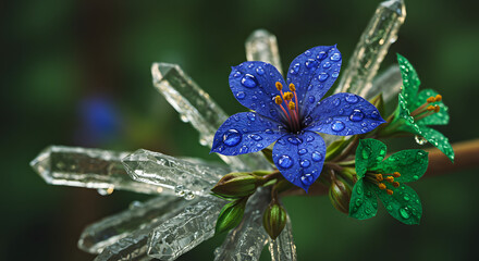 Blue flower green flower crystal clear water droplets nature beauty floral arrangement close up macro shot