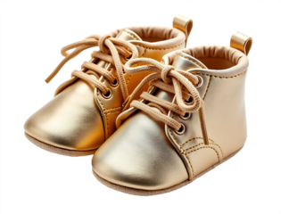 Golden baby booties with laces isolated on a transparent background shoes metallic