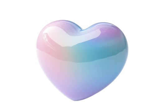 Iridescent heart shape with pink and blue hues isolated on transparent background. Heart featuring pastel gradient colors in blue pink and purple isolated on white background, 3d rendering.