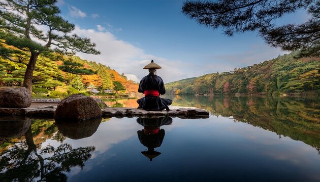 a samurai meditates by a serene lake his reflection mirrored in its glassy surface embodying tranquility and introspection amid nature s serene beauty