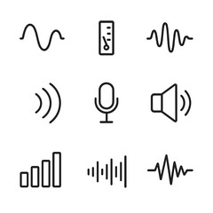 Obraz na płótnie Canvas Sound Wave Icons. Outline icon set of sound waves and signals: sine wave, decibel meter, vibration lines, echo, microphone,