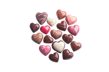 Assortment of heart shaped chocolates isolated on transparent background. Heart shaped chocolate box featuring various heart chocolates Ideal for Valentine's Day isolated on white background.
