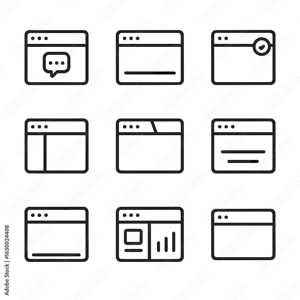 Poster interface icons set. outline icon set of interface windows: dialog box, modal window, notification, 