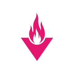 Pink Flame Logo with Downward Pointing Triangle.