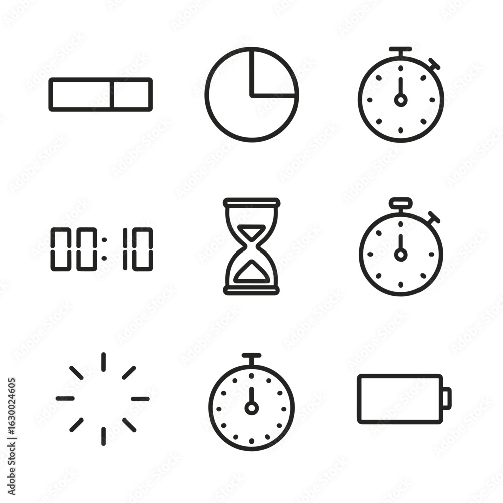Poster countdown icon set. outline icon set of countdown visualization: progress bar, pie chart, circular t