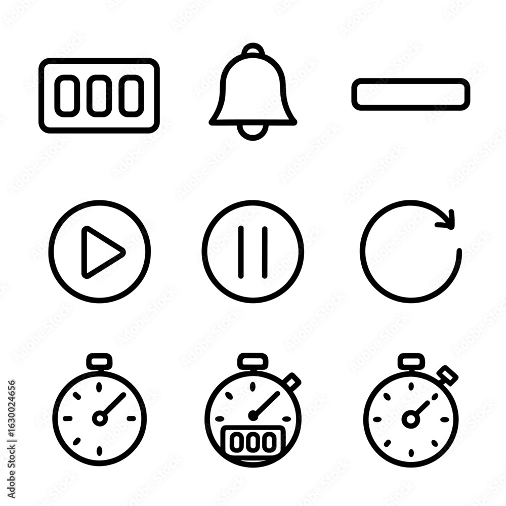 Poster countdown timer icons. outline icon set of countdown timer: digital countdown, bell alarm, progress 
