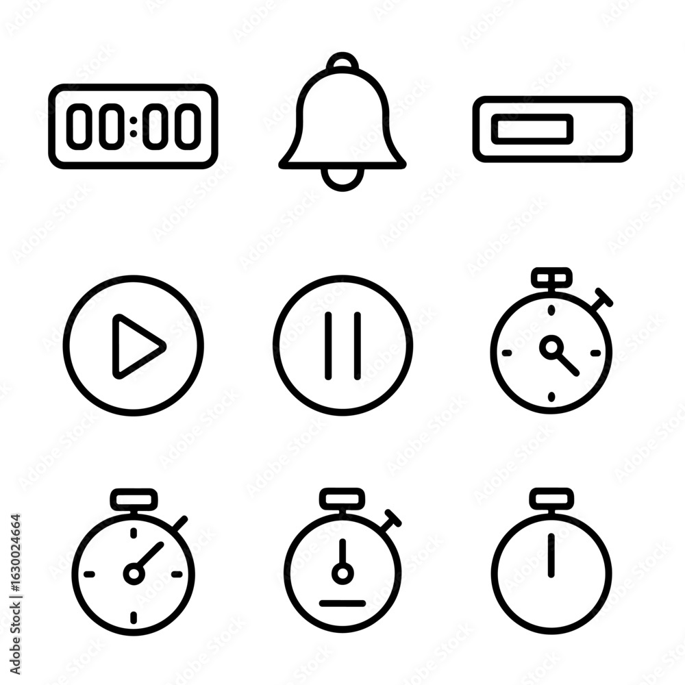Poster countdown timer icons. outline icon set of countdown timer: digital countdown, bell alarm, progress 