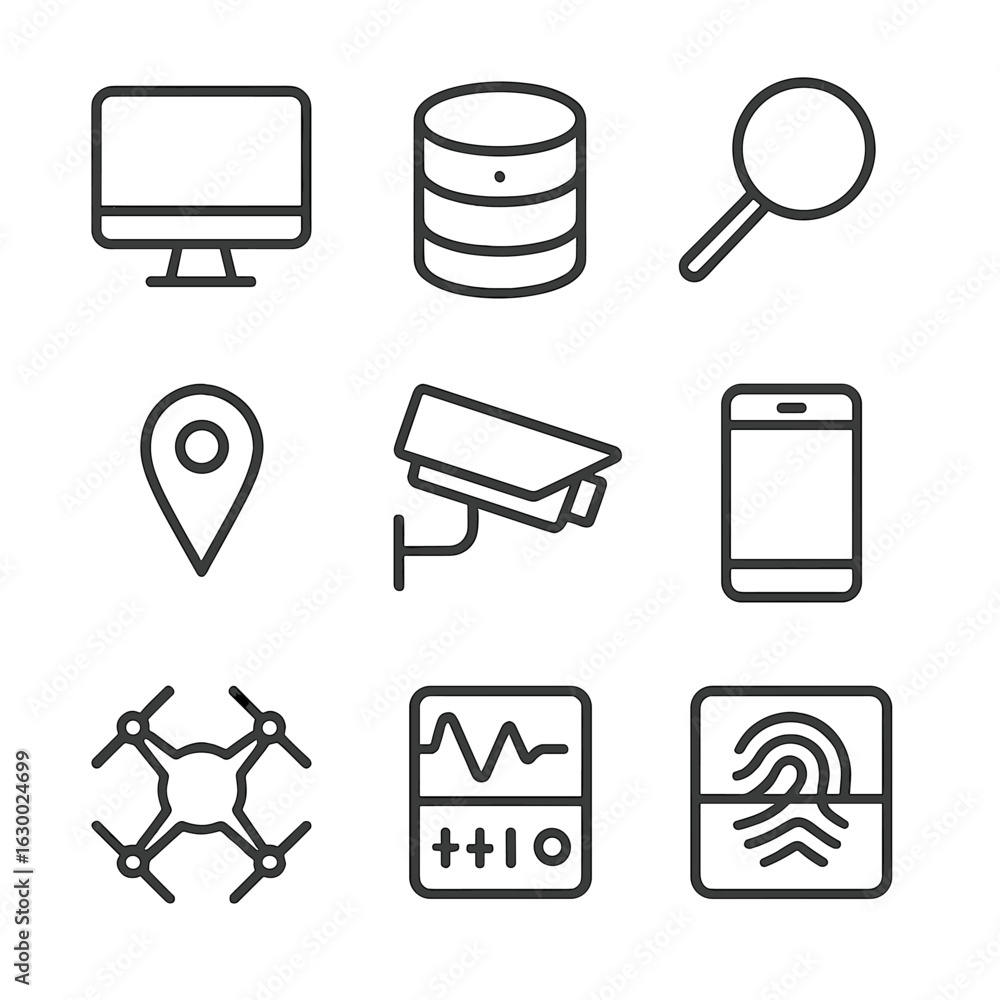 Poster investigation icons grid. outline icon set of investigation technology: computer, database, magnifie