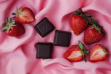 Strawberries and dark chocolate on pink fabric background