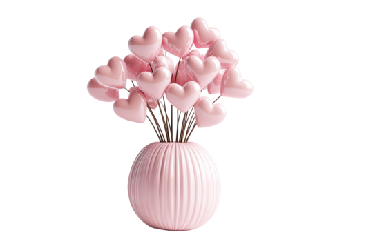 Pink heart shaped marshmallows in a vase isolated on transparent background. Bouquet featuring various heart shaped elements in a pink vase symbolizing love and unity isolated on white background.