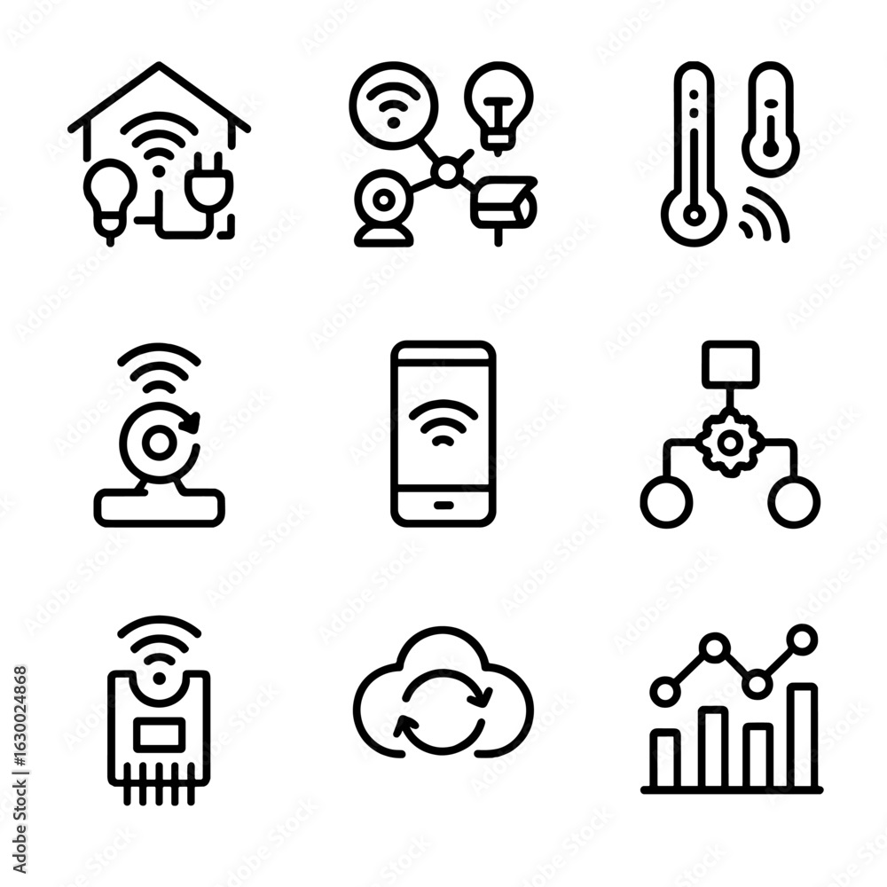 Poster iot connectivity icons set. outline icon set of iot connectivity: smart home hub, connected devices,