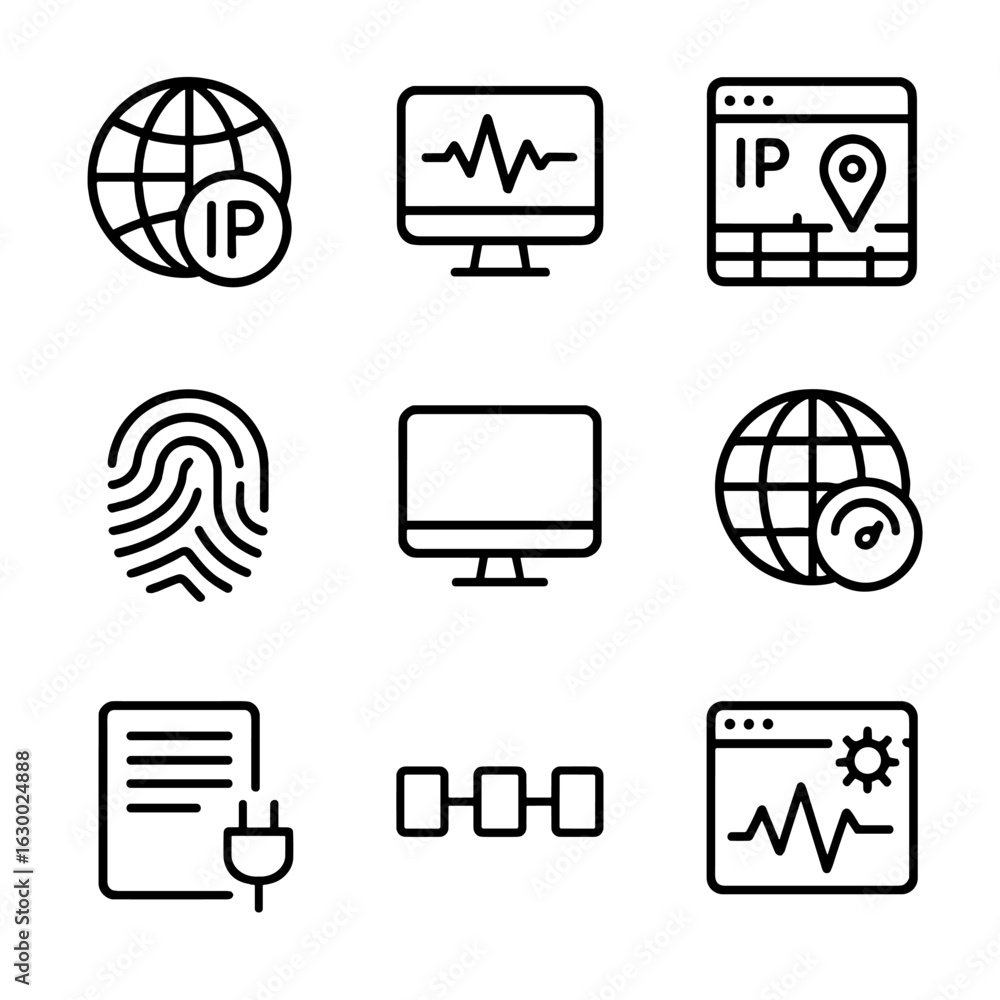 Poster ip analytics icons. outline icon set of ip address analytics: ip geolocation, traffic monitoring, se