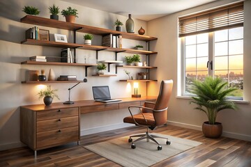 Modern home office interior with wooden desk and shelves