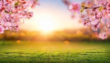Fototapeta premium pink cherry tree blossom flowers blooming in a green grass meadow on a spring easter sunrise background