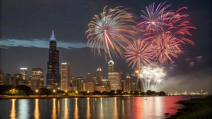 Obraz premium Colorful fireworks exploding over chicago skyline at night reflected in the lake